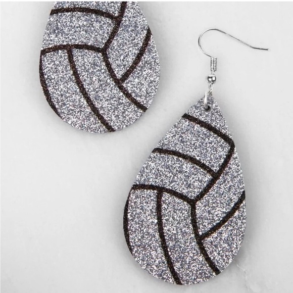 New!  Plunder Design Volleyball Glitter Silver and Black Teardrop Earrings - Picture 3 of 3